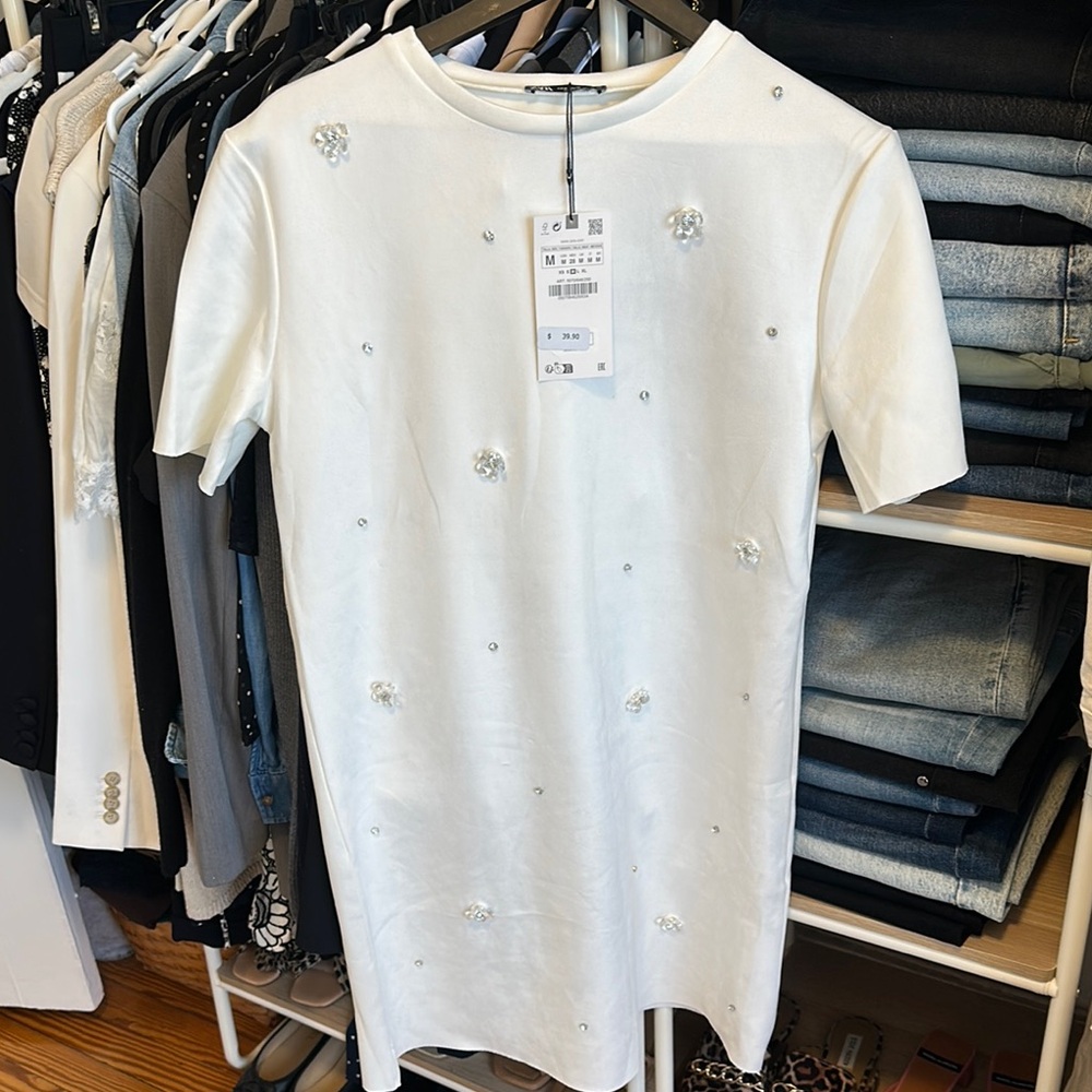 Zara White Embellished Short Sleeve Dress